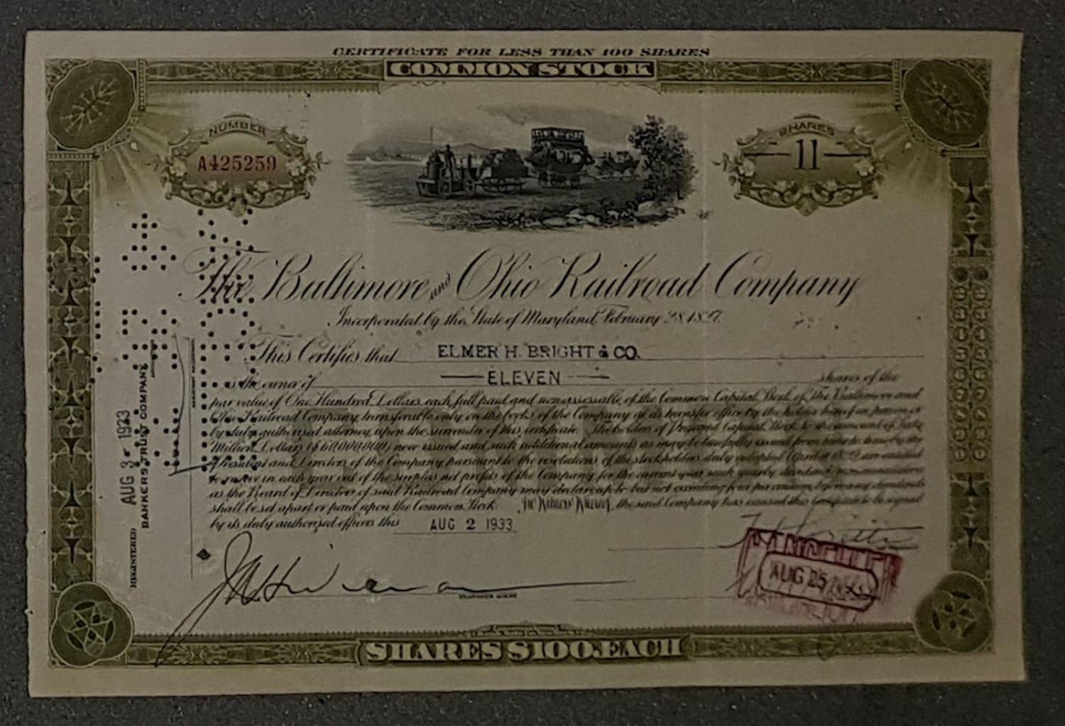 The Baltimore and Ohio Railroad Company 1933 11 Shares