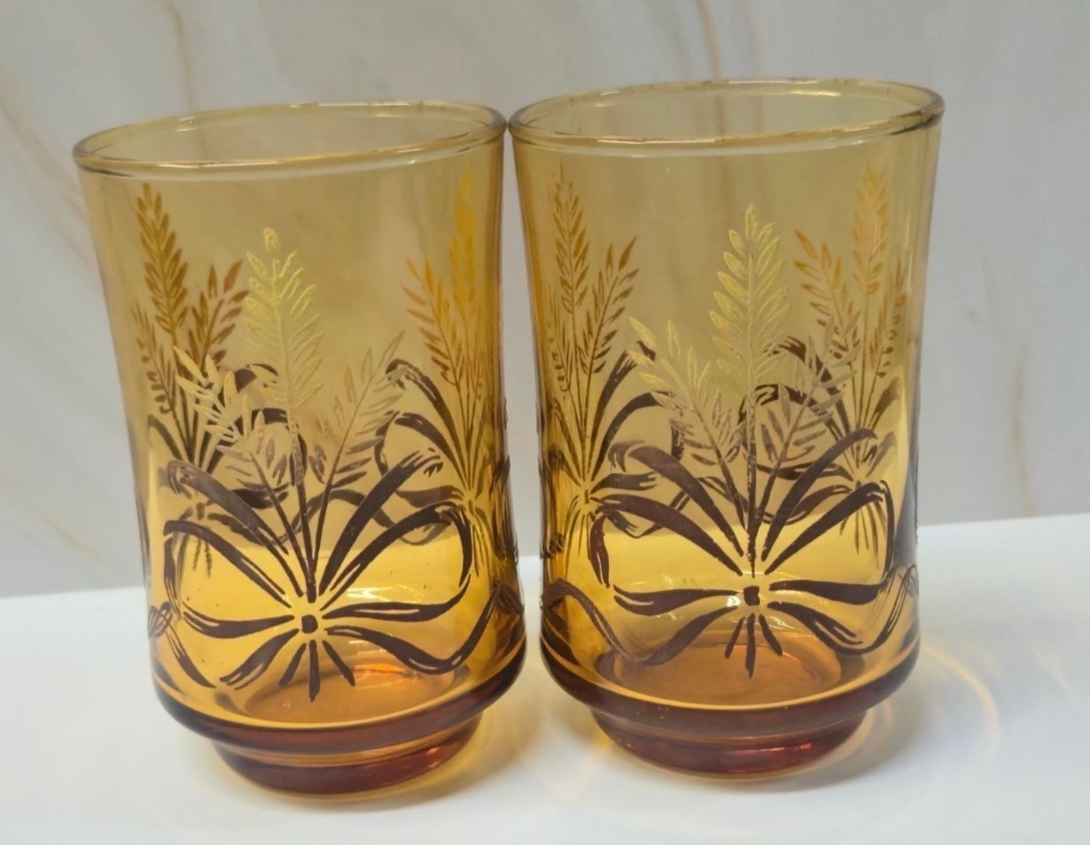 Vintage Libbey Gold Bounty Golden Harvest wheat & ribbon pattern juice glasses