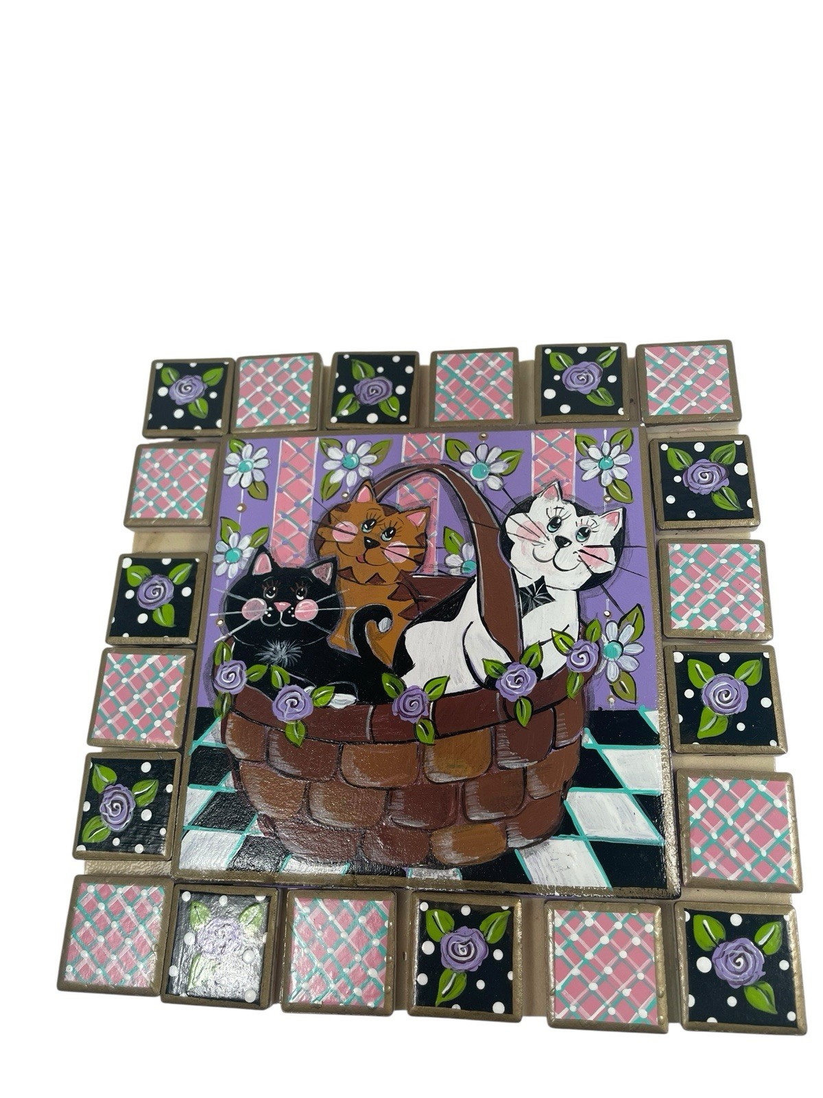 Mosaic Tiles Hand Painted Cats In Basket