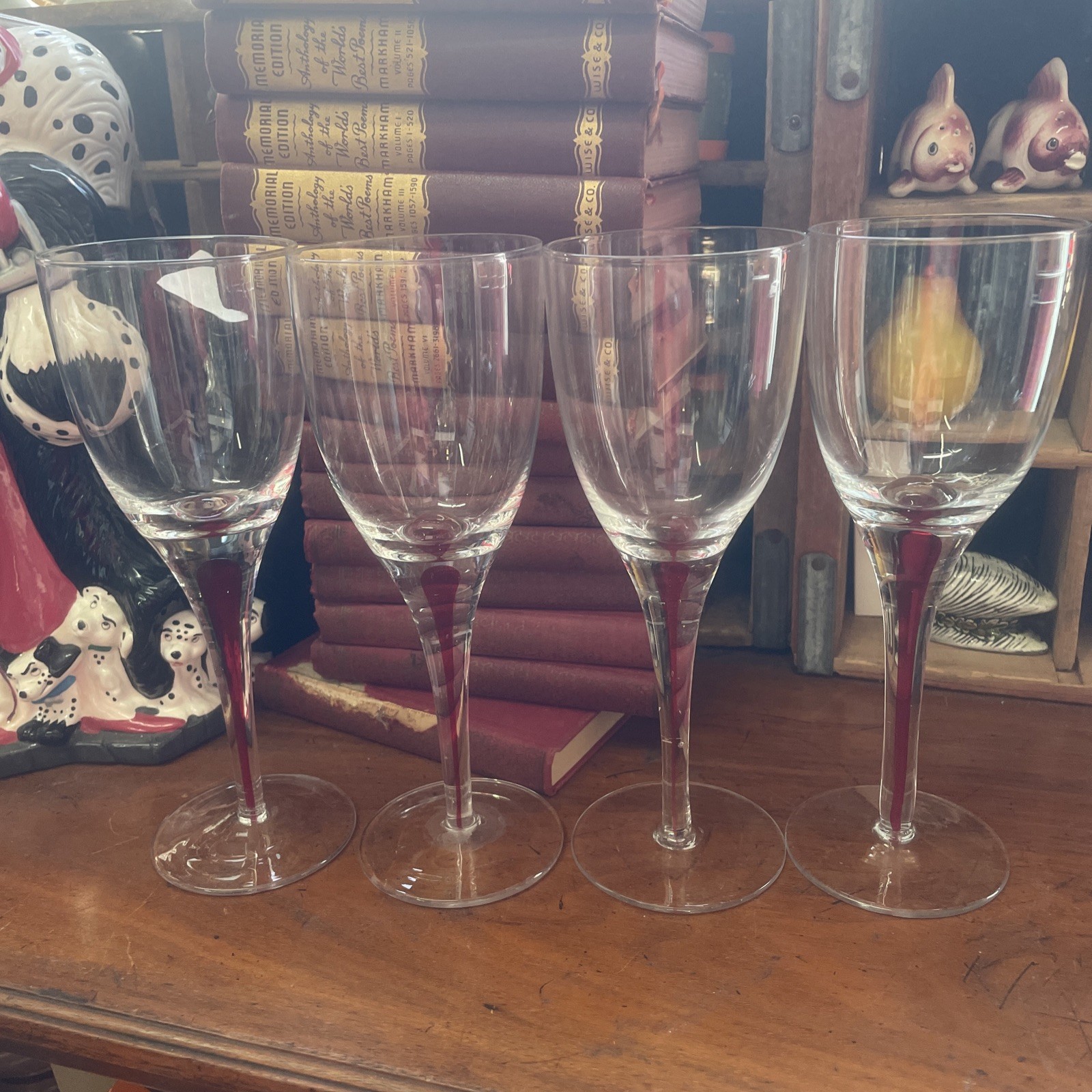 Pier 1 Red Filament Tear Drop Wine Glasses Set of 4 Clear Crystal Stemware 8.75"
