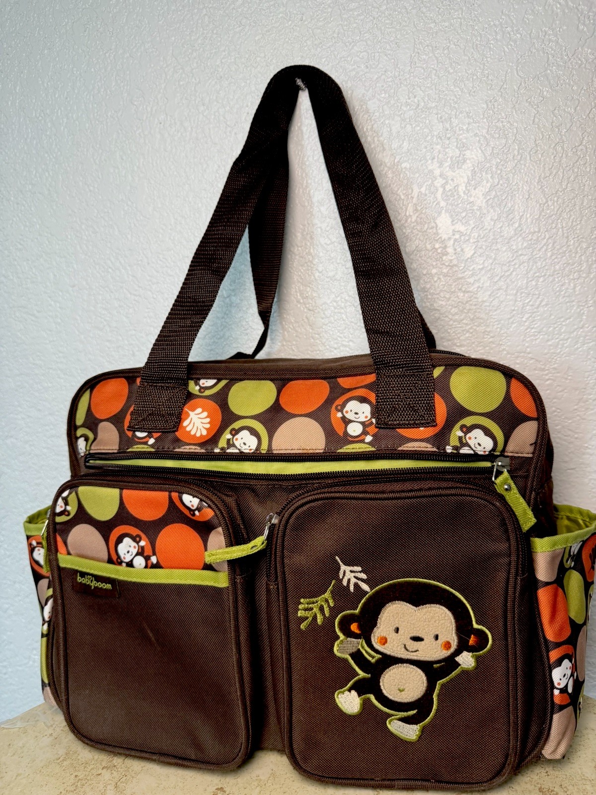 Babyboom Diaper Bag Tote Pockets Dots & Monkeys Pattern
