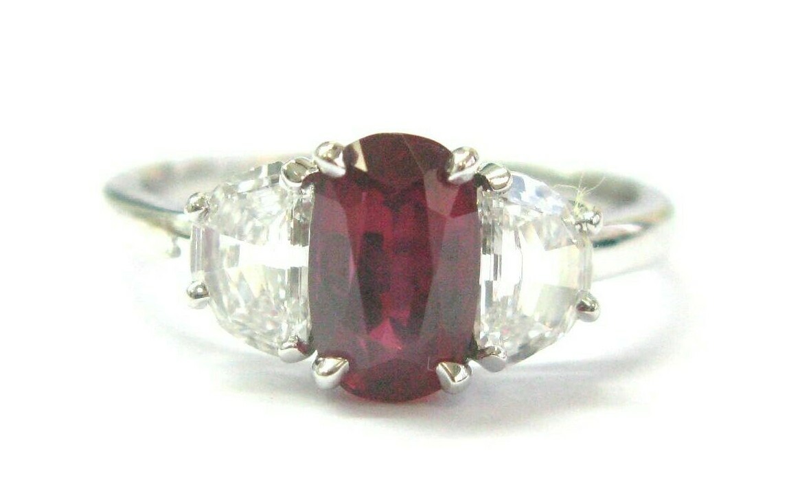 Natural Oval Ruby & Half MoonS Diamond Three Stone Ring 18Kt White Gold GIA