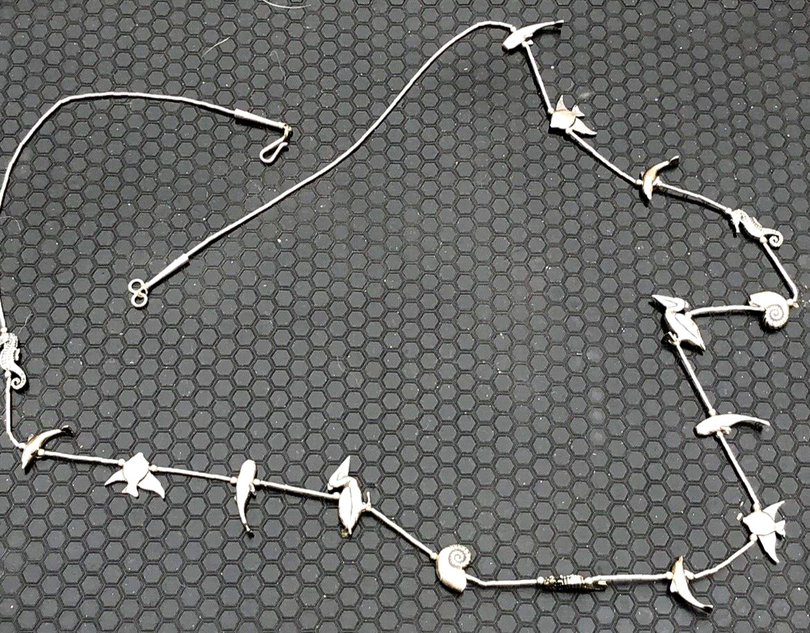 Vintage Native American sterling silver fetish necklace birds sealife fish 29"