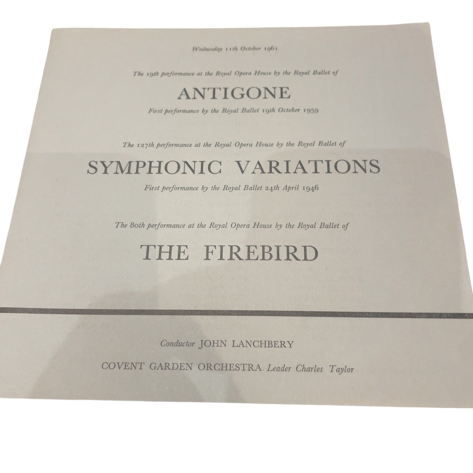1961 Royal Opera House Ballet Brochure Antigone Firebird Symphonic Variations