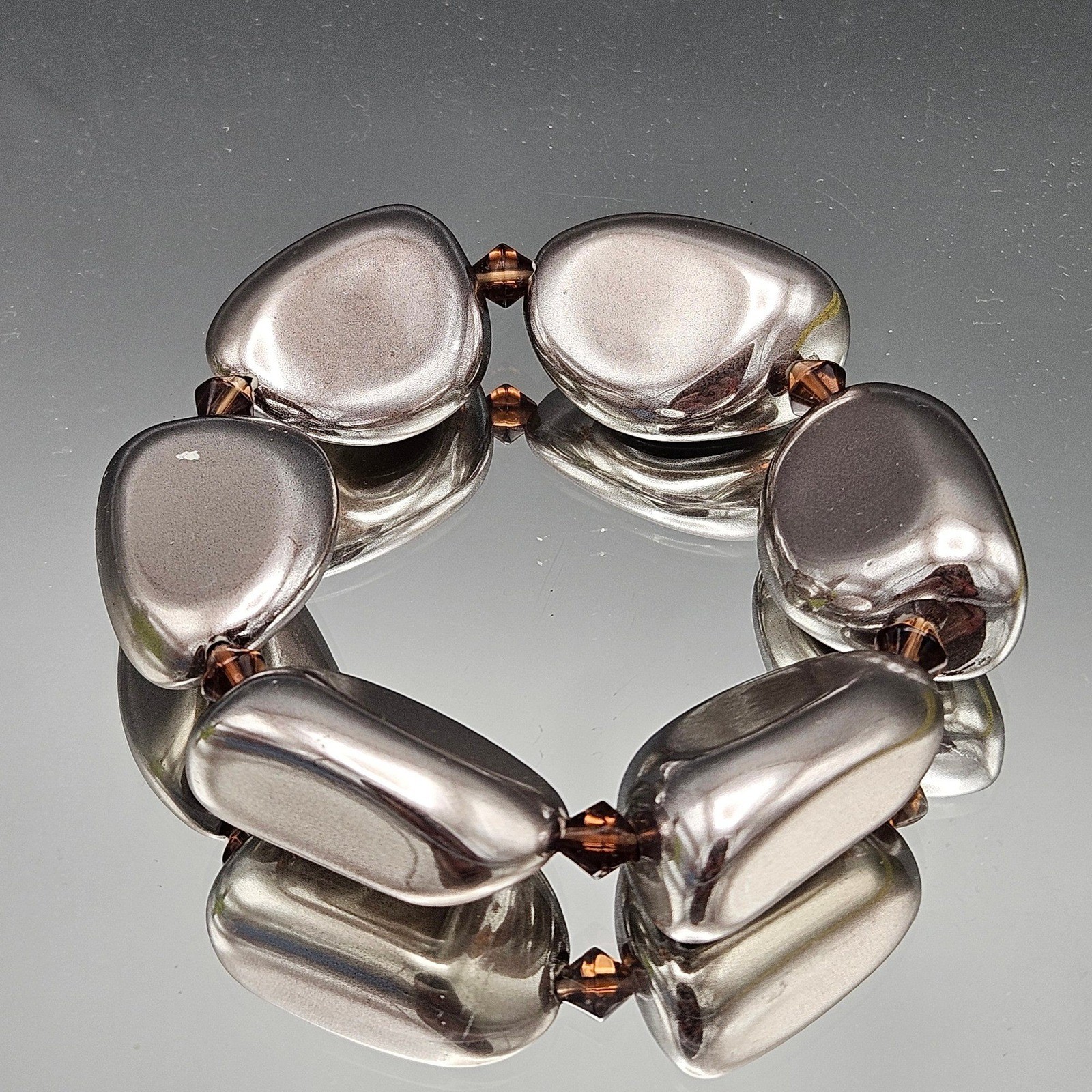 Chunky Statement Bracelet Silver Tone Smooth Pebble Beads Stretchy Bracelet