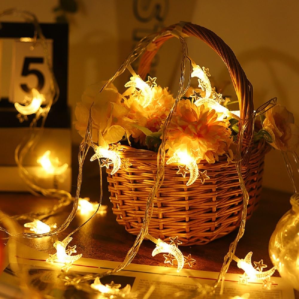 WFGGEH Moon Star String Lights Plug in, 10ft 20 LED and Warm White 