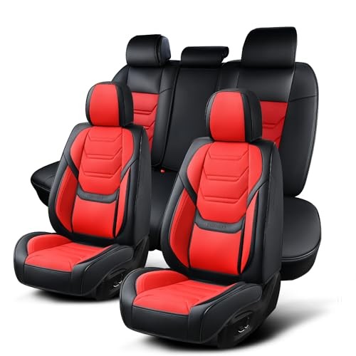 Car Seat Covers Full Set, Breathable Front Pair and Rear Headrestless Black&Red