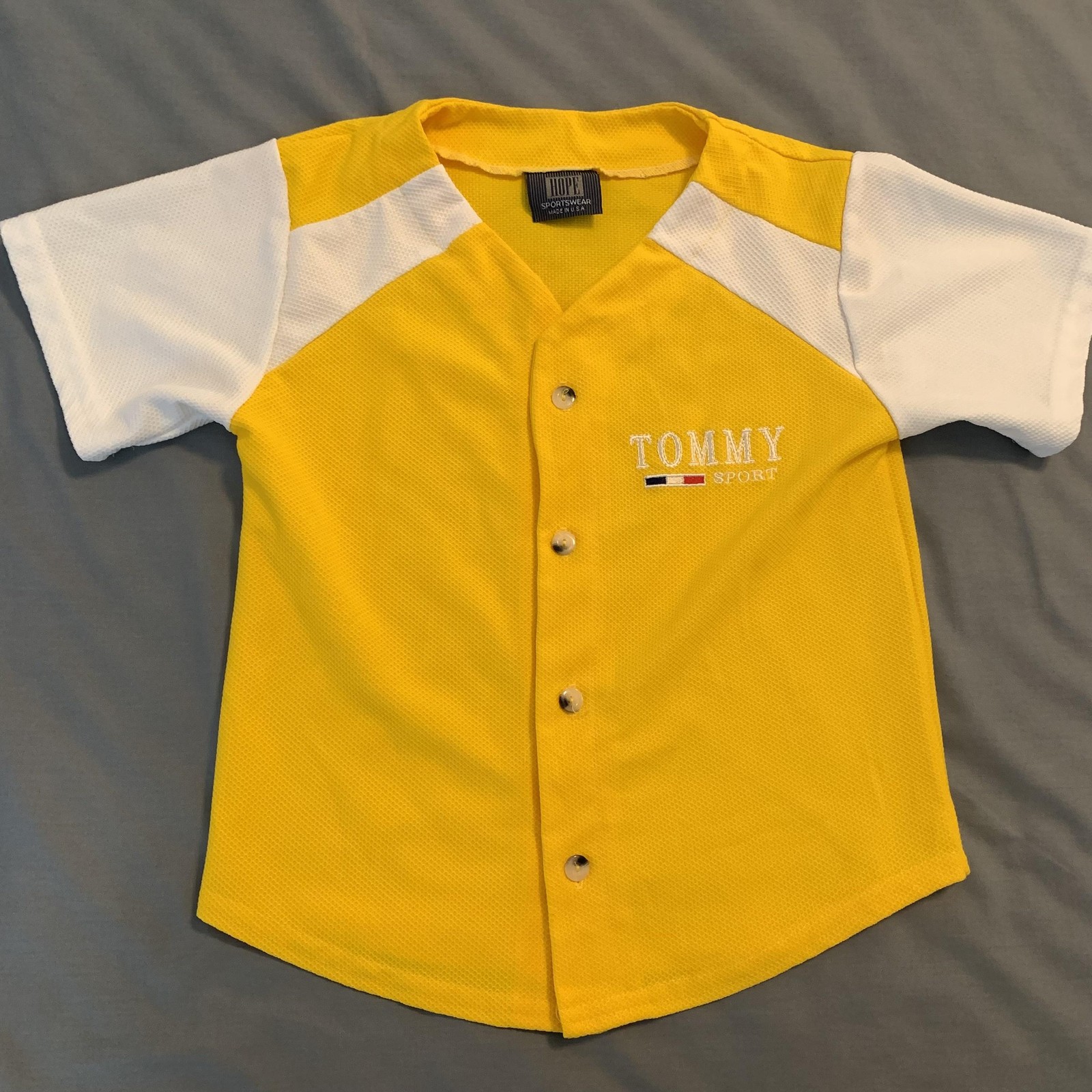 Vintage Hope Sportswear Jersey Kids 6-7 Yellow White Baseball Button Tommy Sport