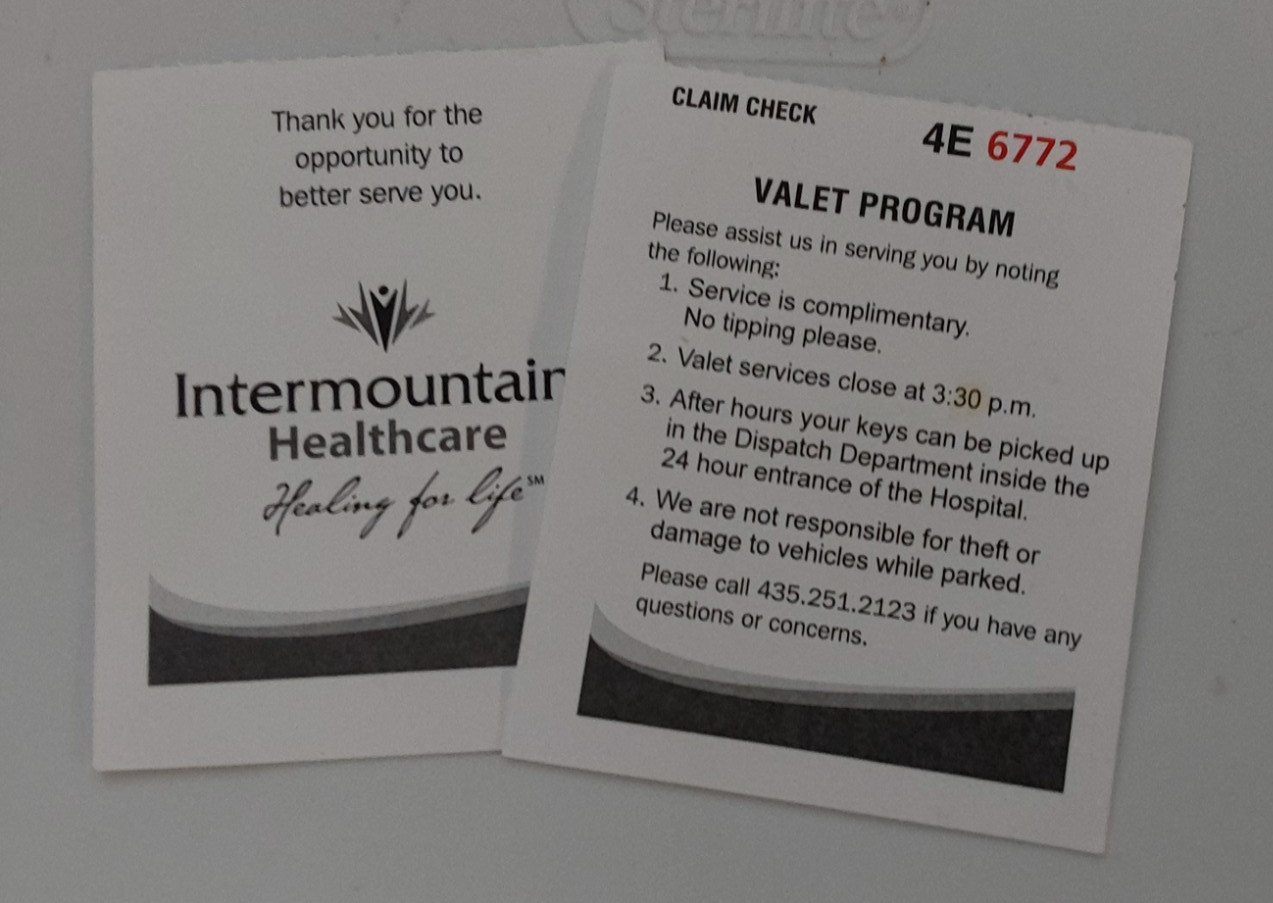 4 USED EXPIRED VALET PARKING TICKETS INTERMOUNTAIN HEALTHCARE ST.GEORGE UTAH