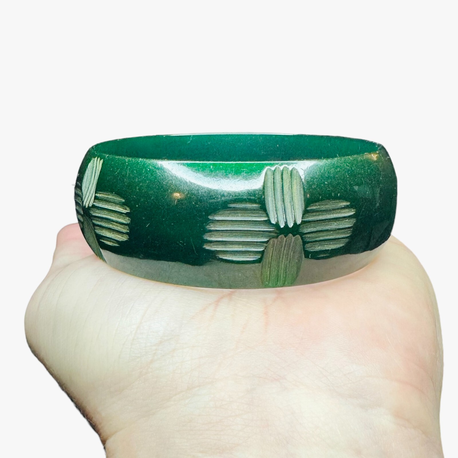 Vintage Bakelite Dark Green Semi Transparent Carved Bangle Bracelet 1" Wide RARE