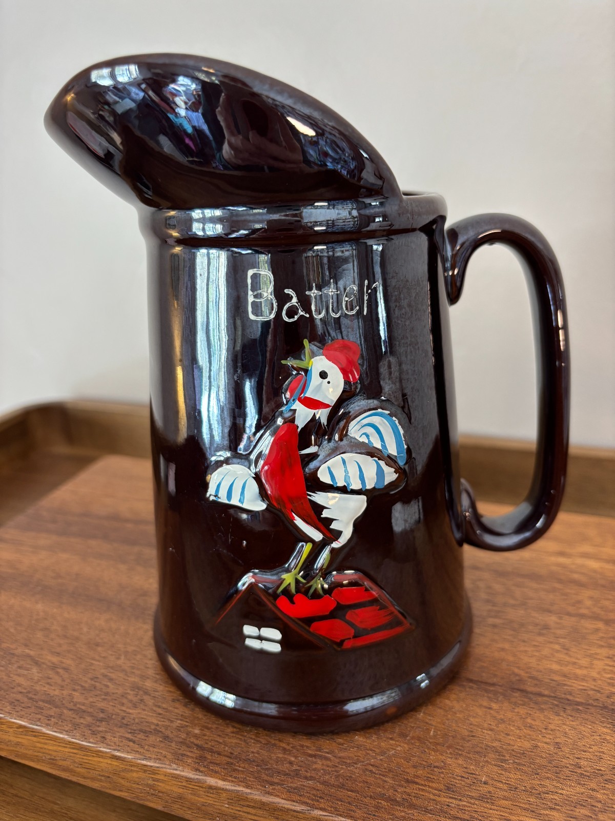 Vintage Japanese Brown Luster Redware Rooster Batter Pitcher