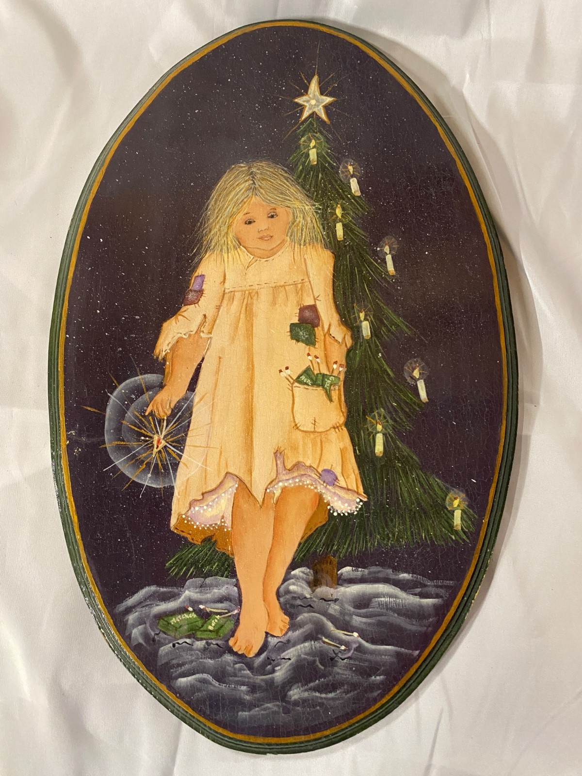 VTG Wood Hand Painted Signed Little Match Girl Christmas Wall Art Statement