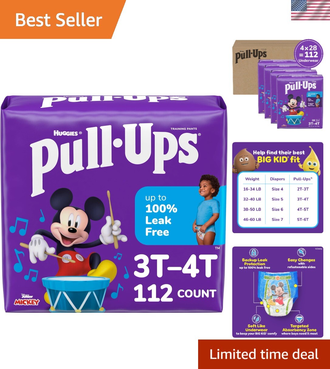 Soft & Breathable Boys' Potty Training Pants 3T-4T, 100% Leak-Free, 112 Count