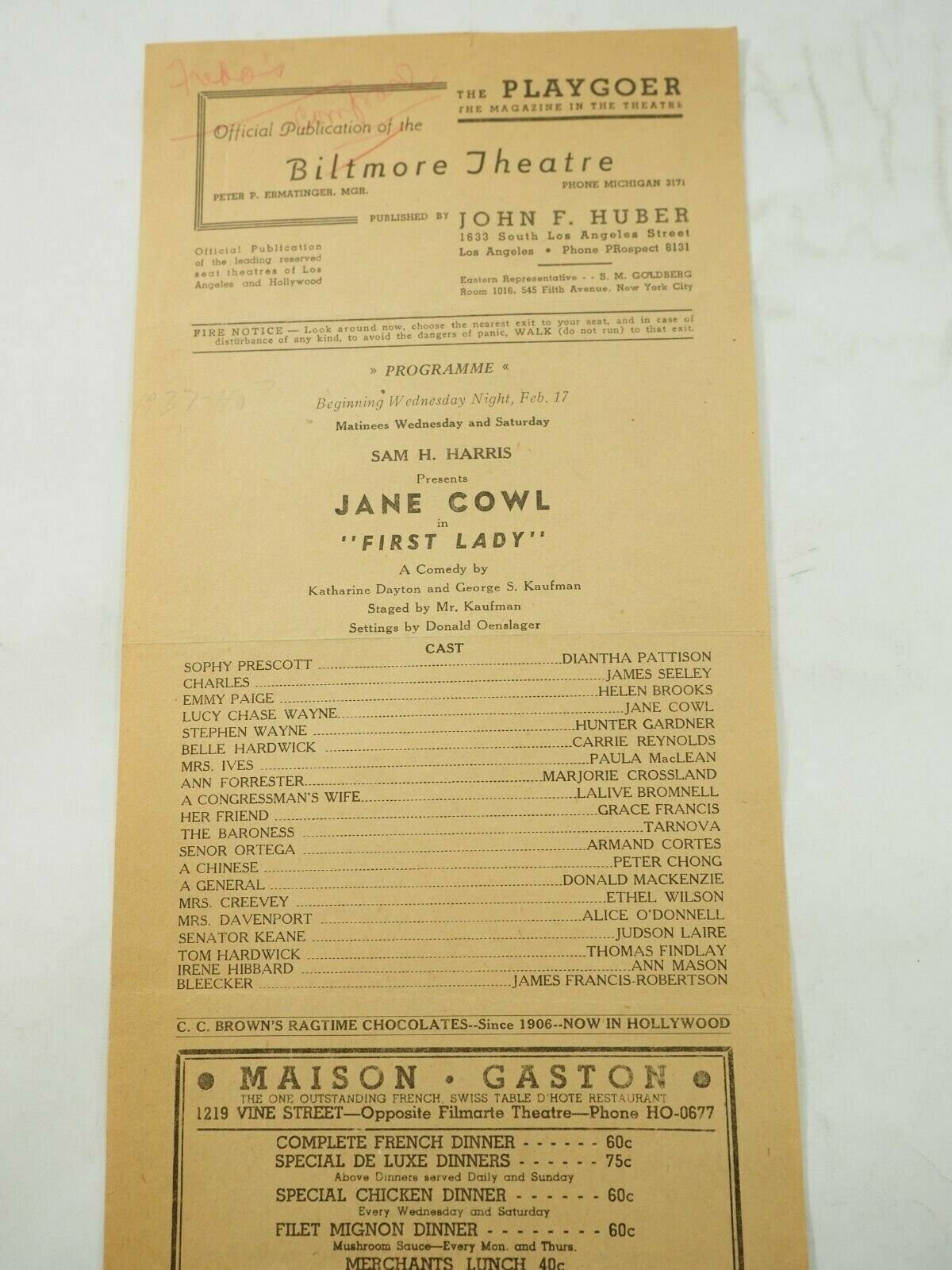 Biltmore Theatre Jane Cowl in "First Lady "Feb 1937 Los Angeles Playbill Program