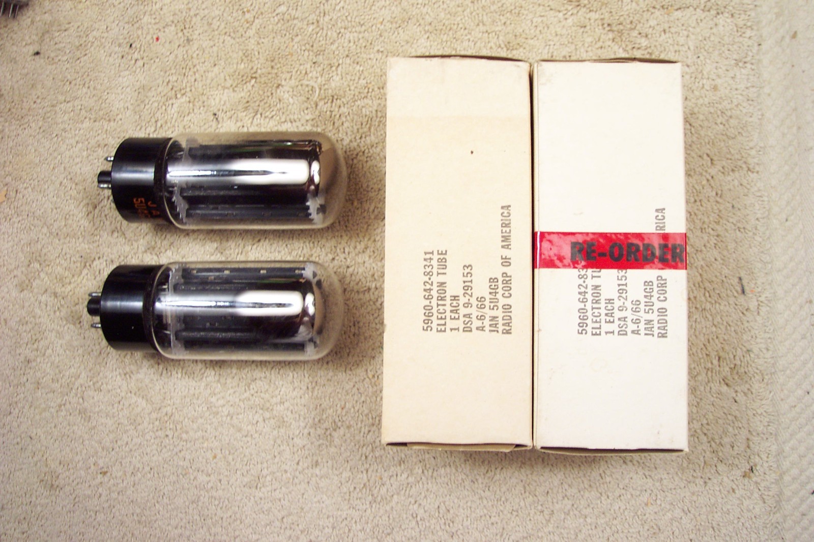 2, NEW, RCA JAN 5U4GB, military issue, matching date pair #2, 1966, 5U4G, 5U4GB