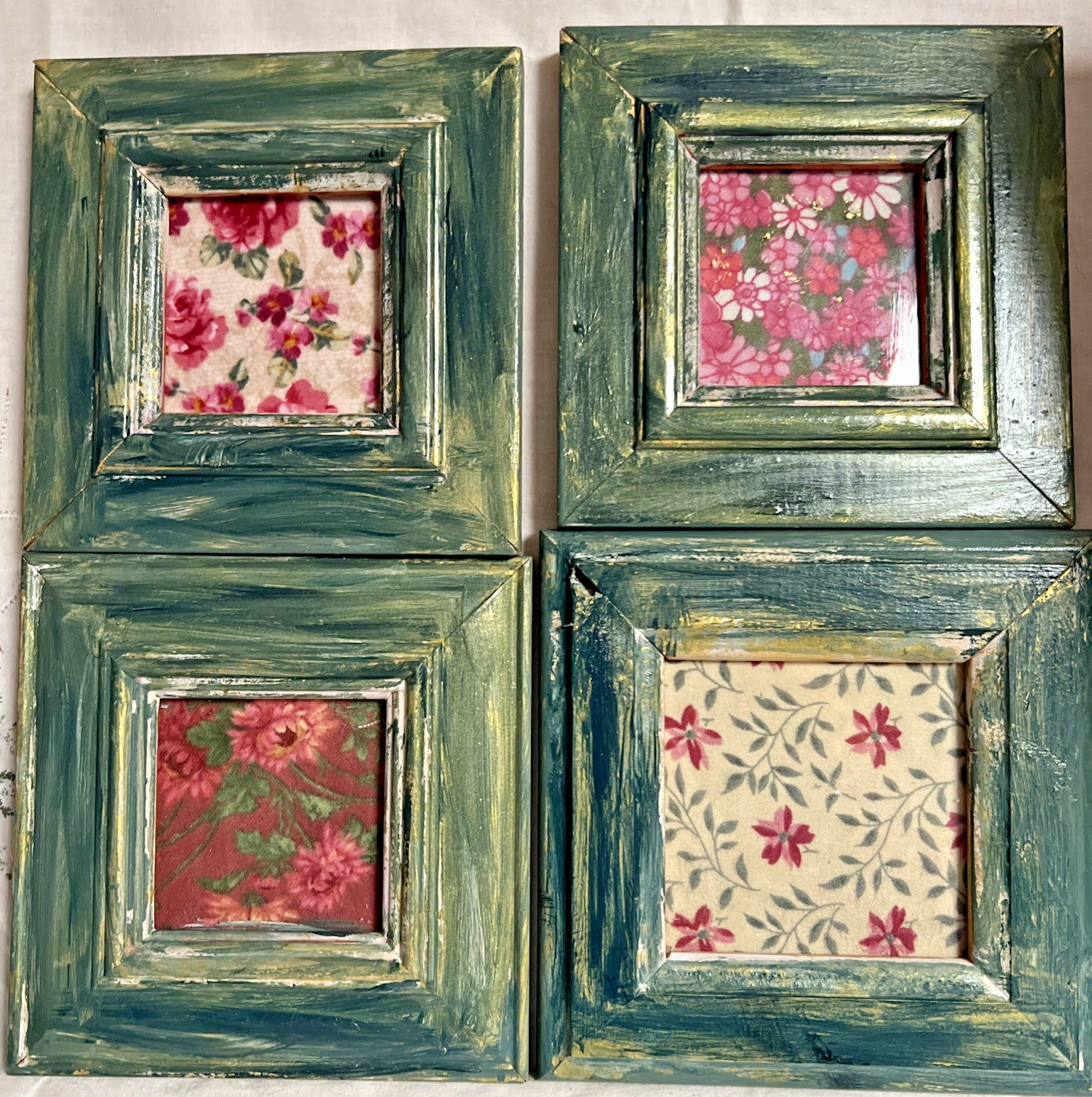 4 Fabric Painted Framed Vintage Style Textile Wall Art 5.5” X 5.5” Handmade