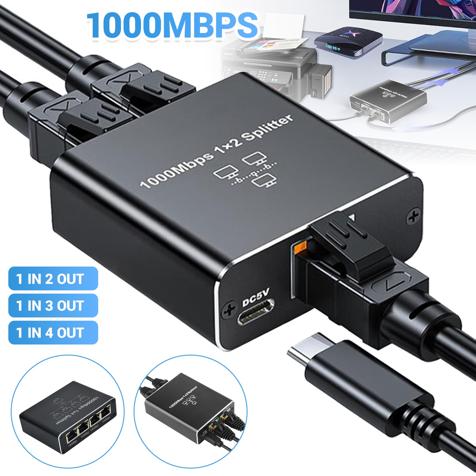 1000Mbps Ethernet Splitter Adapter RJ45 Cable LAN Network Internet 1 in 2/4 Out