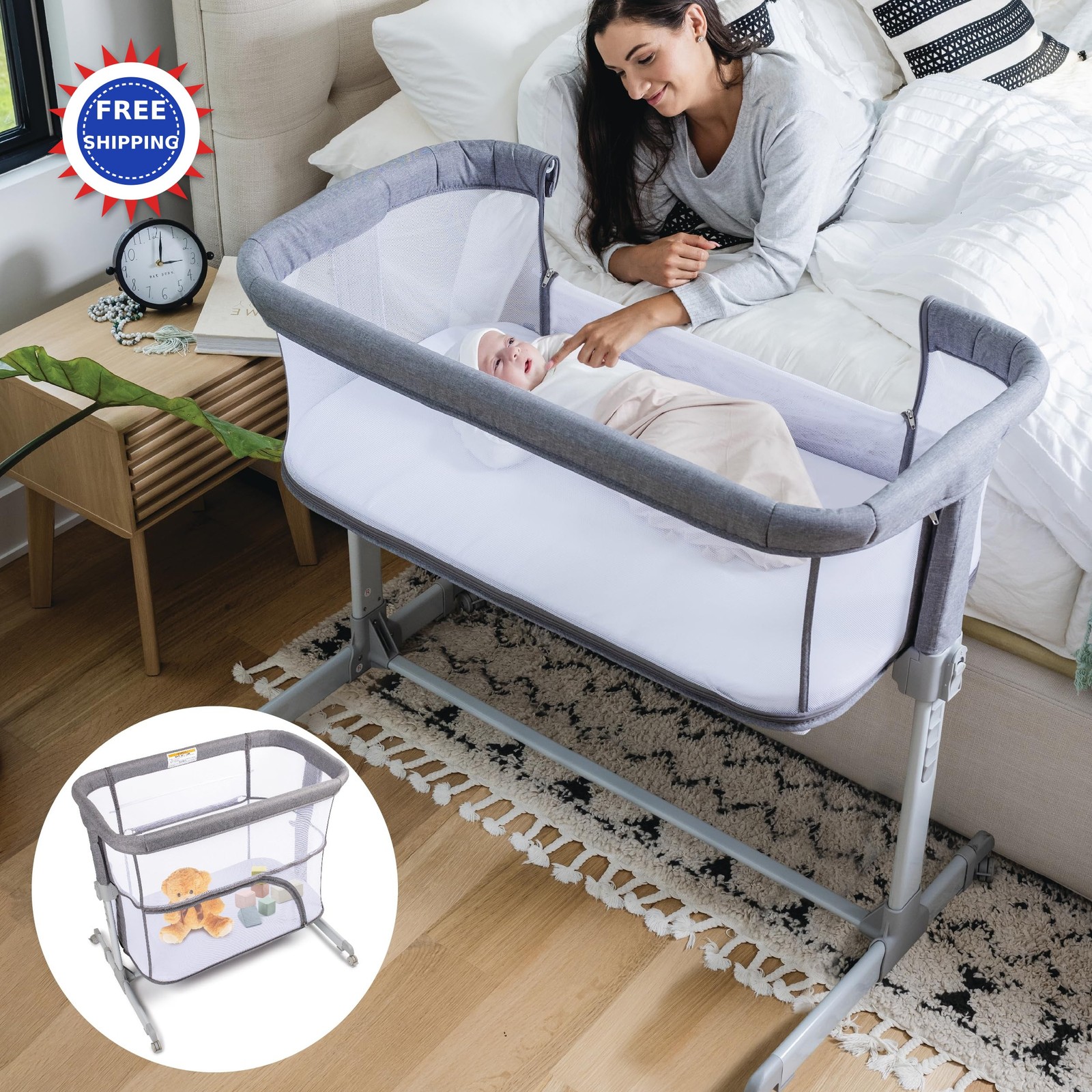 Baby Bassinet Bedside Sleeper Playpen 3 in 1 Portable Crib Grey Mesh Easy