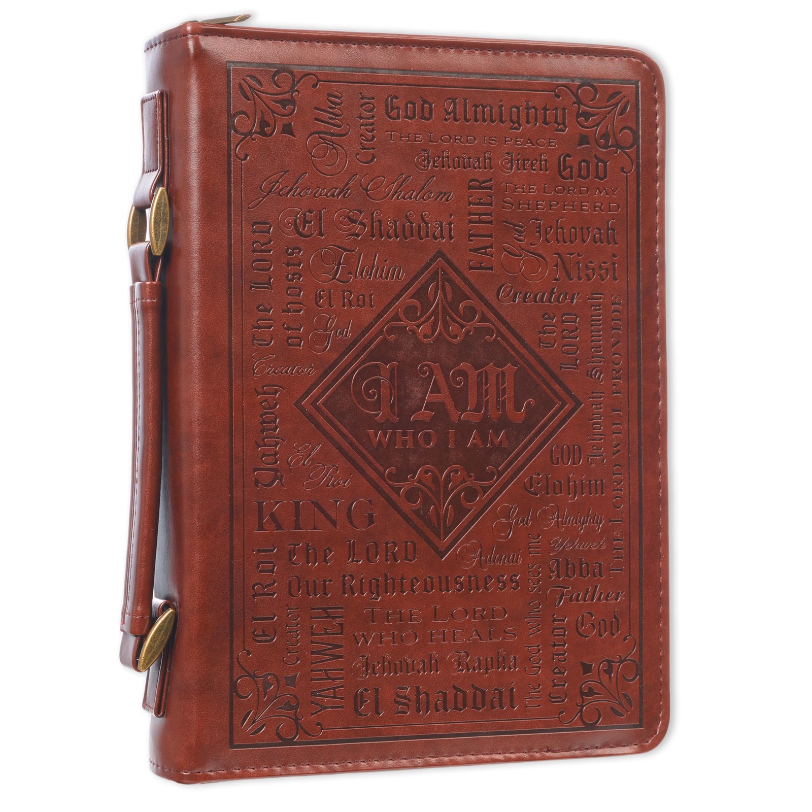 Men's Classic Bible Cover Names of God Exodus 34:6, Brown Faux Leather, Large