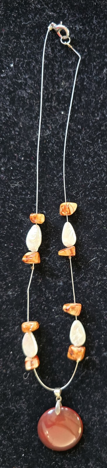 Handcrafted Agate Shell Beaded Pendant Necklace Brown White Orange Nature