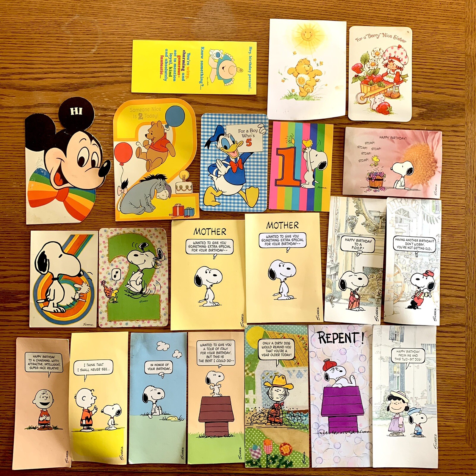 Vtg Birthday Greeting Card Lot PEANUTS Disney Care Bears Ziggy 21 Used * Read