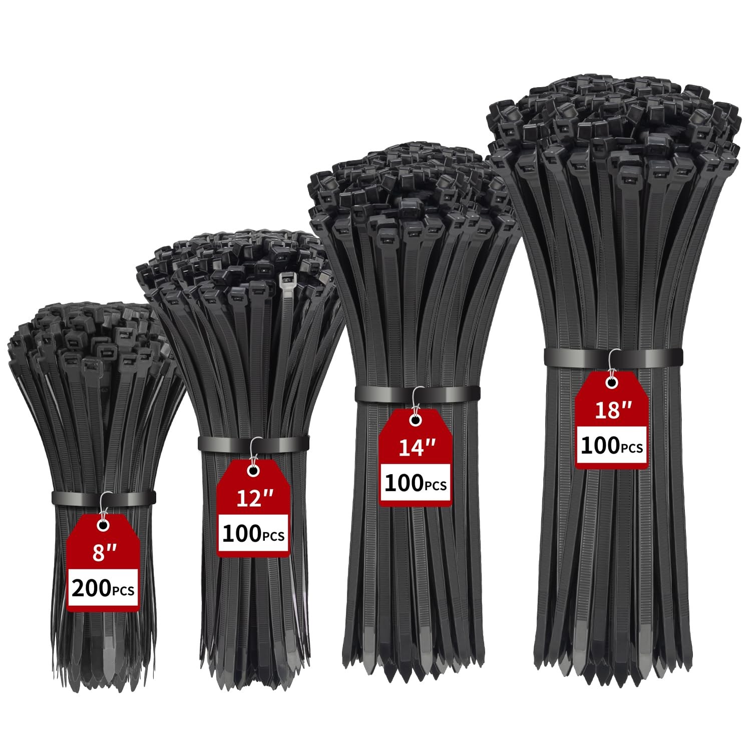 500 Pack Black Zip Ties Heavy Duty Assorted Sizes, 8+12+14+18 Inch Cable Ties...