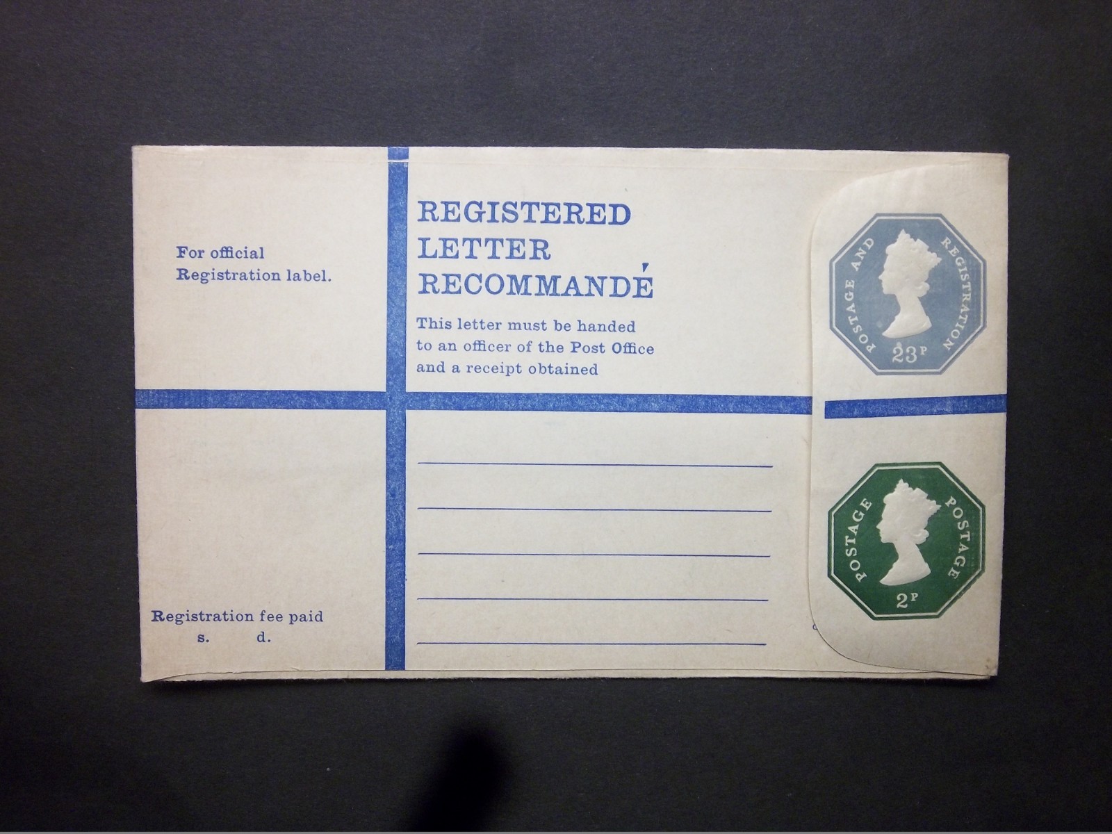 GB Stationery STO QEII 23p + 2p Machin Compound Registered Envelope H&B RSP34