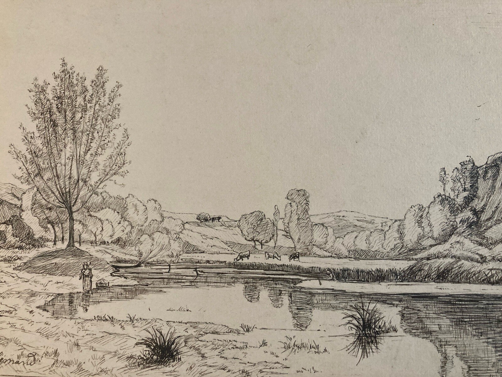 Tres Beau Dessin Encre 1880 Gaston Allemand Les Bord De L’amby Rhône Original