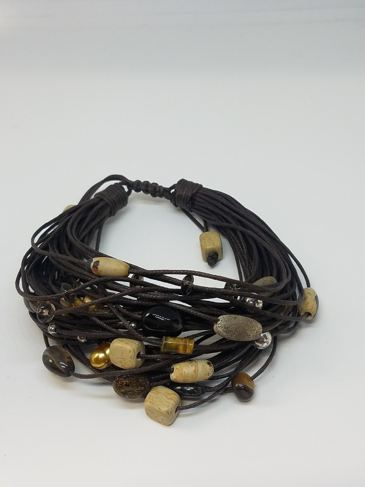 Multi Gemstone Bead 45 Strand Brown Cord Adjustable Bracelet