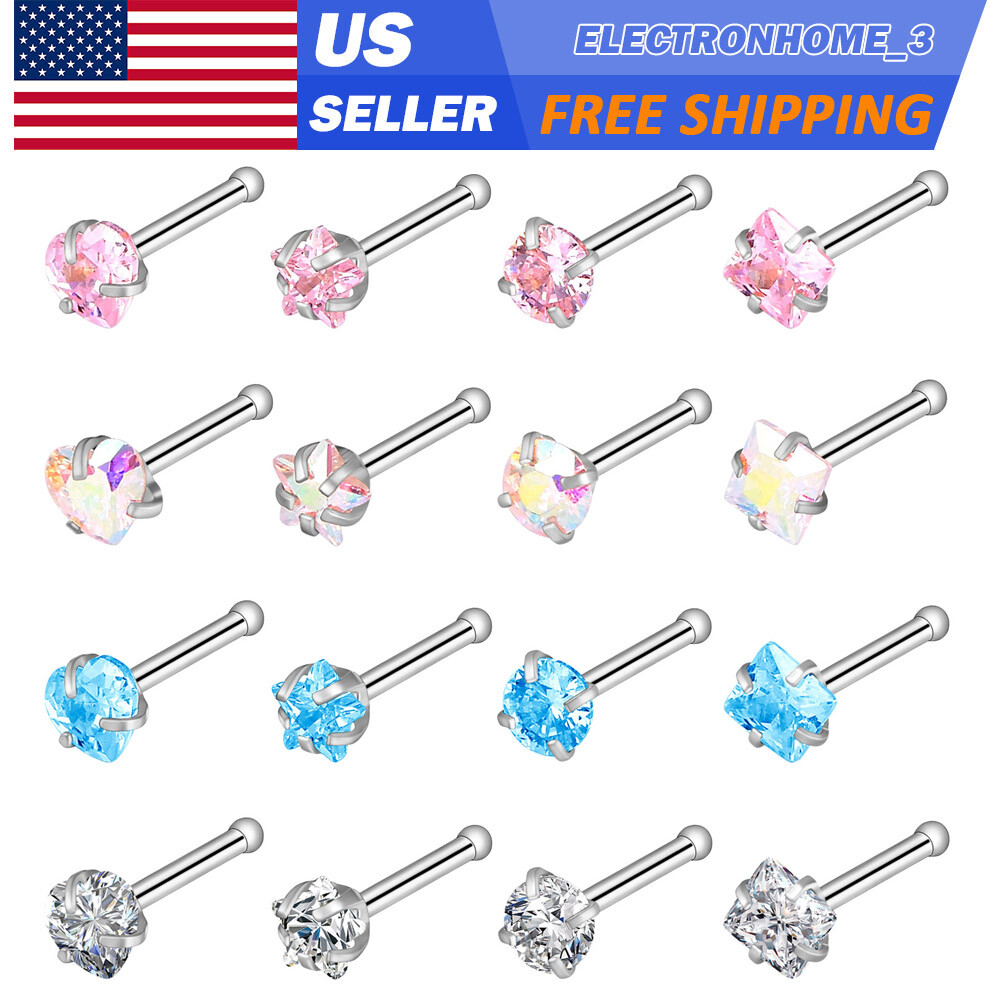 16pcs Nose Ring Colorful CZ Straight Bone Stud Stainless Steel Piercing Set 20G
