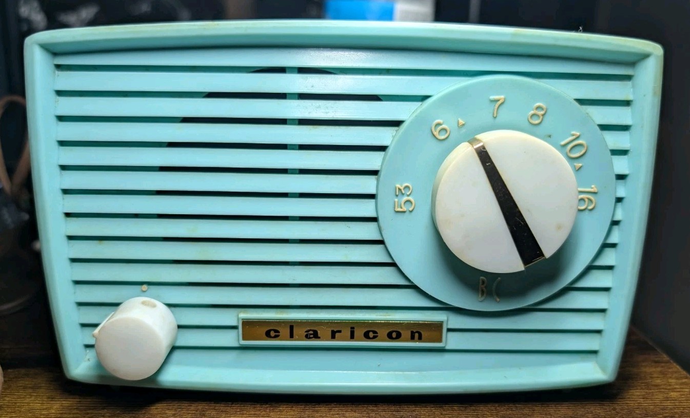 Rare Vintage Blue MCM Claricon Model 45-151 5 Tube Table Transistor Radio- Works