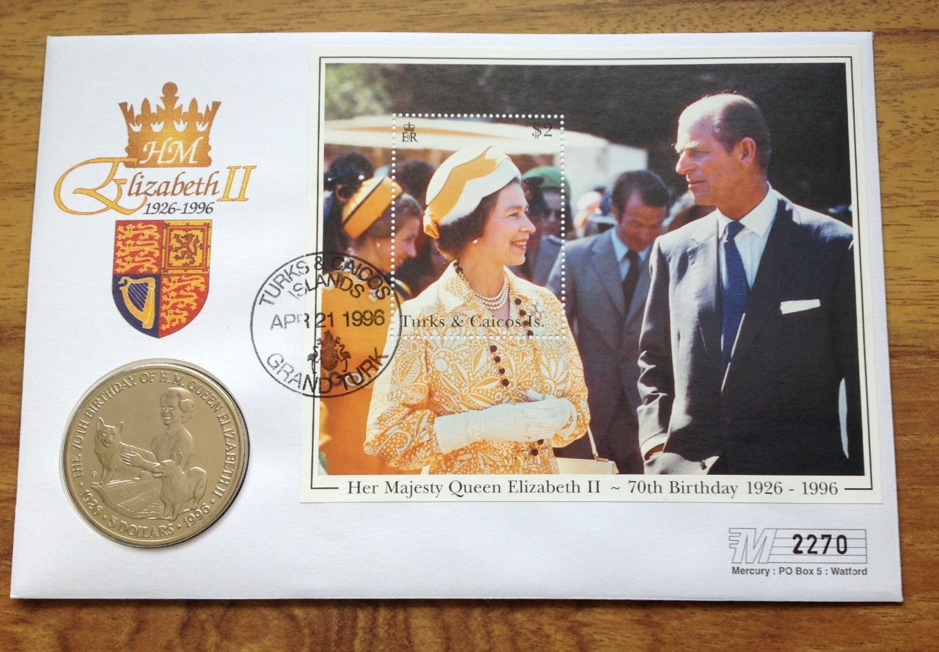 COIN COVER QUEEN ELIZABETH II 70TH OFFICIAL BIRTHDAY 1996 $5  MERCURY FDC