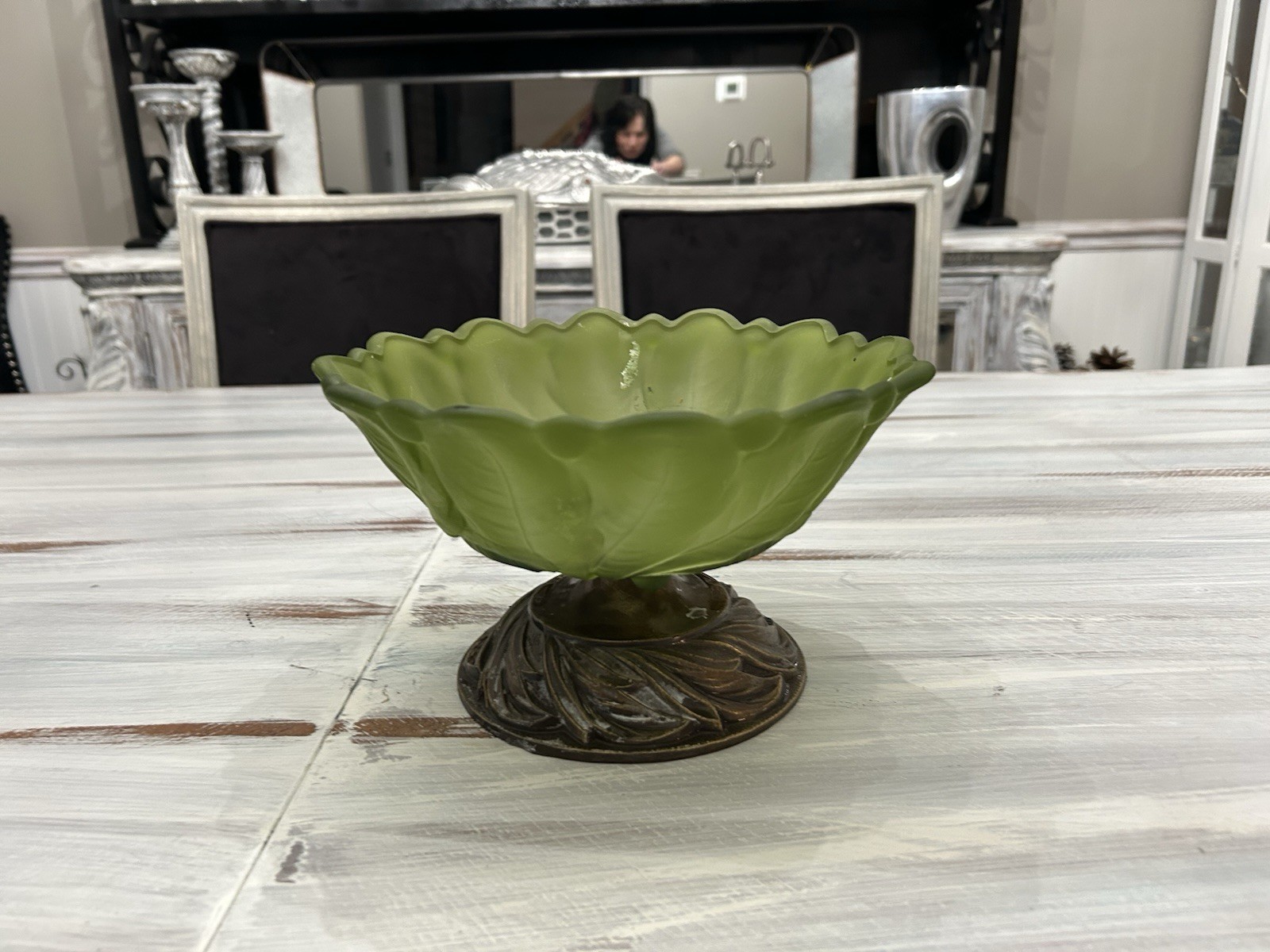 Beautiful  Vintage Art Nuevo Frosted Glass And Bronze Stand Candy Dish