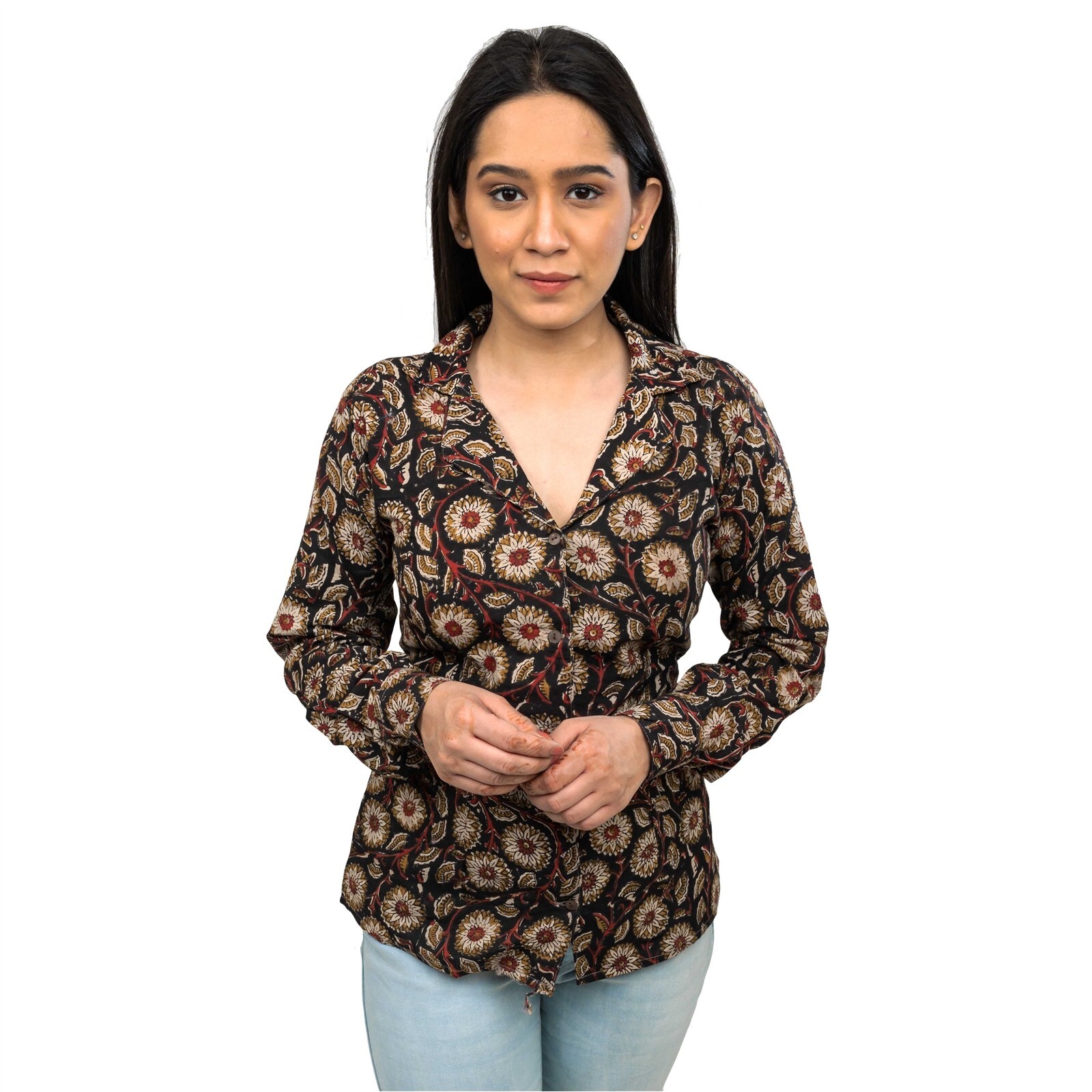 Sanskriti Pure Cotton Handblock Floral Printed Blazer Collar Full Sleeve Shirt