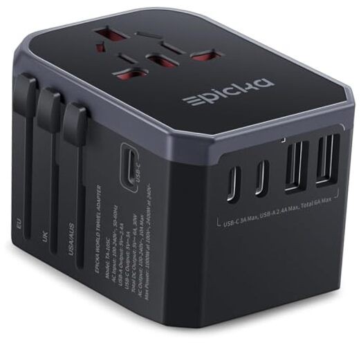  Universal Travel Adapter, International Power Adapter 30W-5USB(3 USB-C) Black