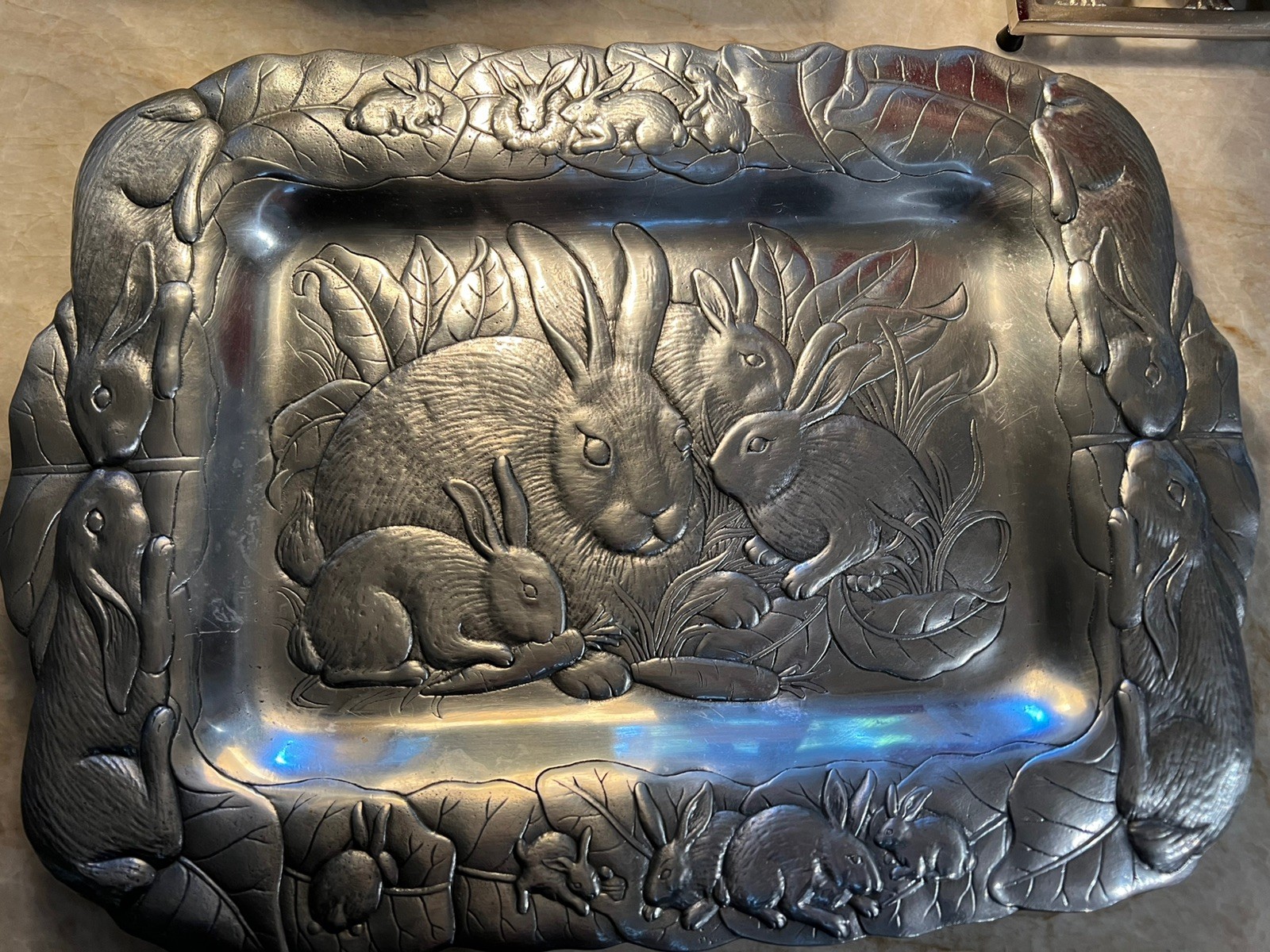 Arthur Court Bunny Rabbit Tray Platter 18 in x 13 in Aluminum 1990
