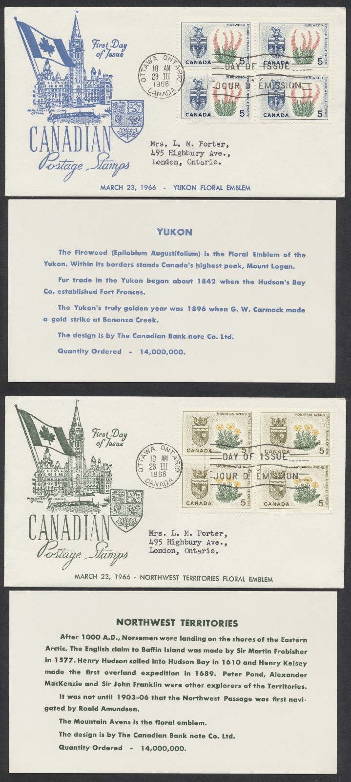 1966 #428-429 YK NWT Floral Emblems FDCs Blocks Middlesex SC Cachet with Inserts