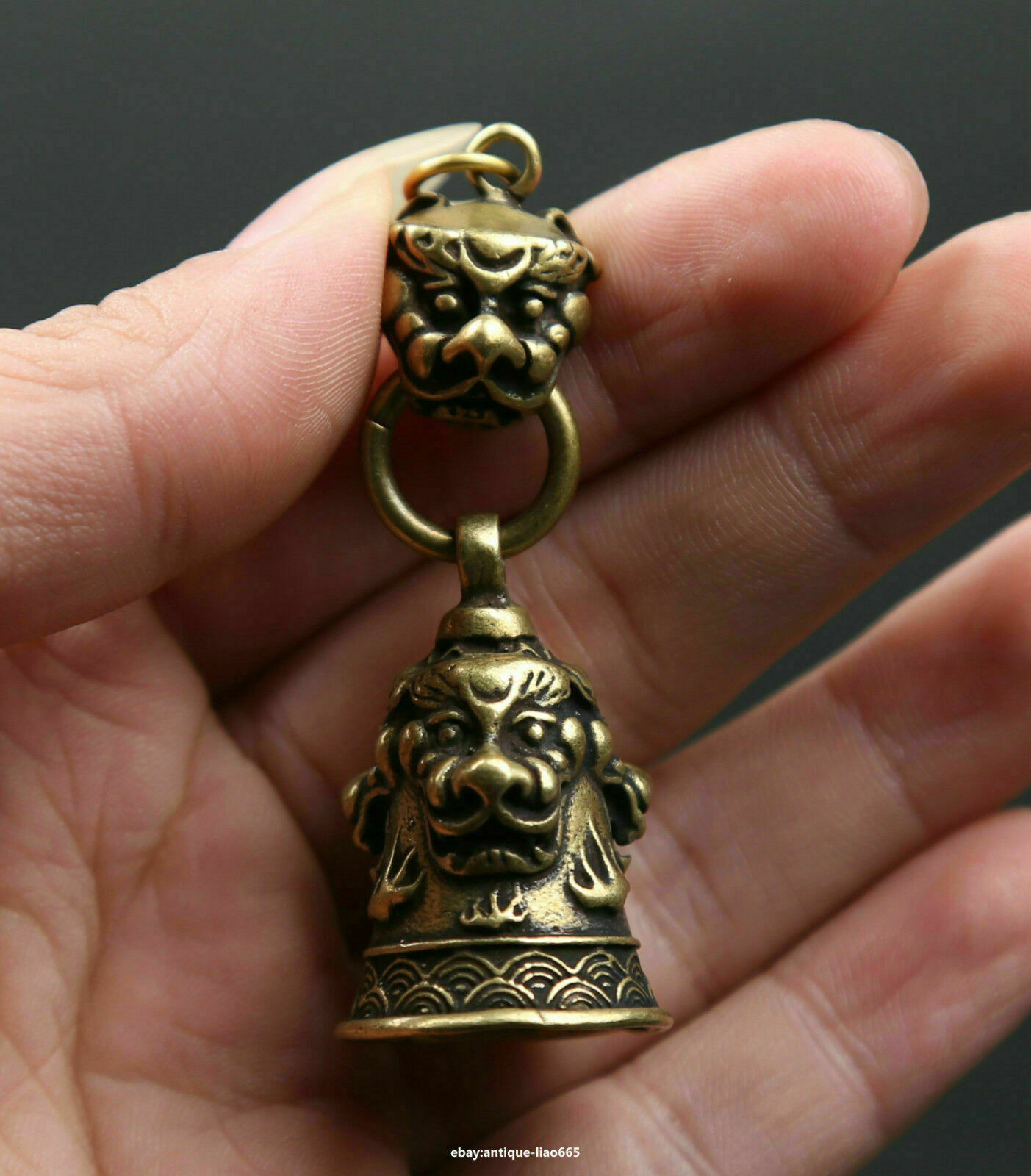 Chinese Fengshui Bronze Animal Unicorn Beast Heads Bell Pendant