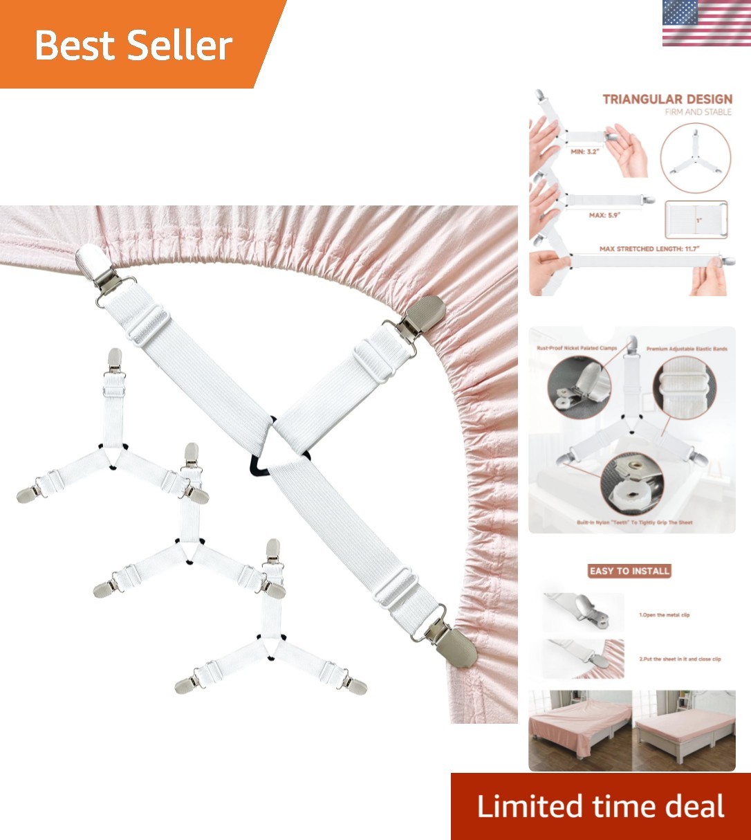 Bed Sheet Straps, Upgrade Fitted Bed Sheet Holders for Corners, Non Slip Shee...