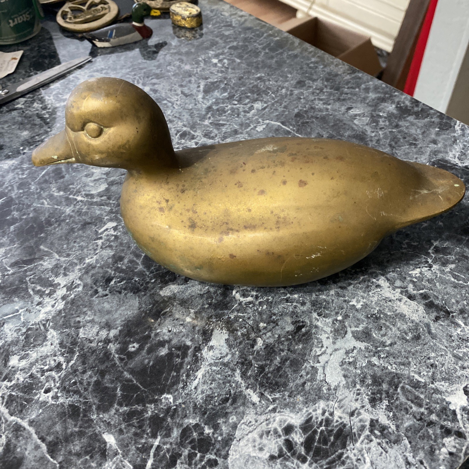 Vintage Solid Brass Duck Figurine10" Long X 4.5" Tall Weights 5 Pounds Patina