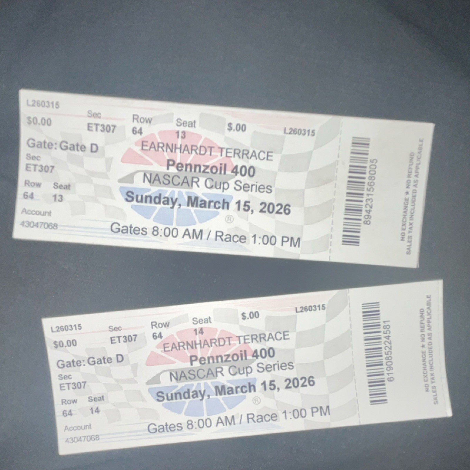 Pennzoil 400 NASCAR Cup Series Tickets ET307 Row 64 Las Vegas Mar 15 2026