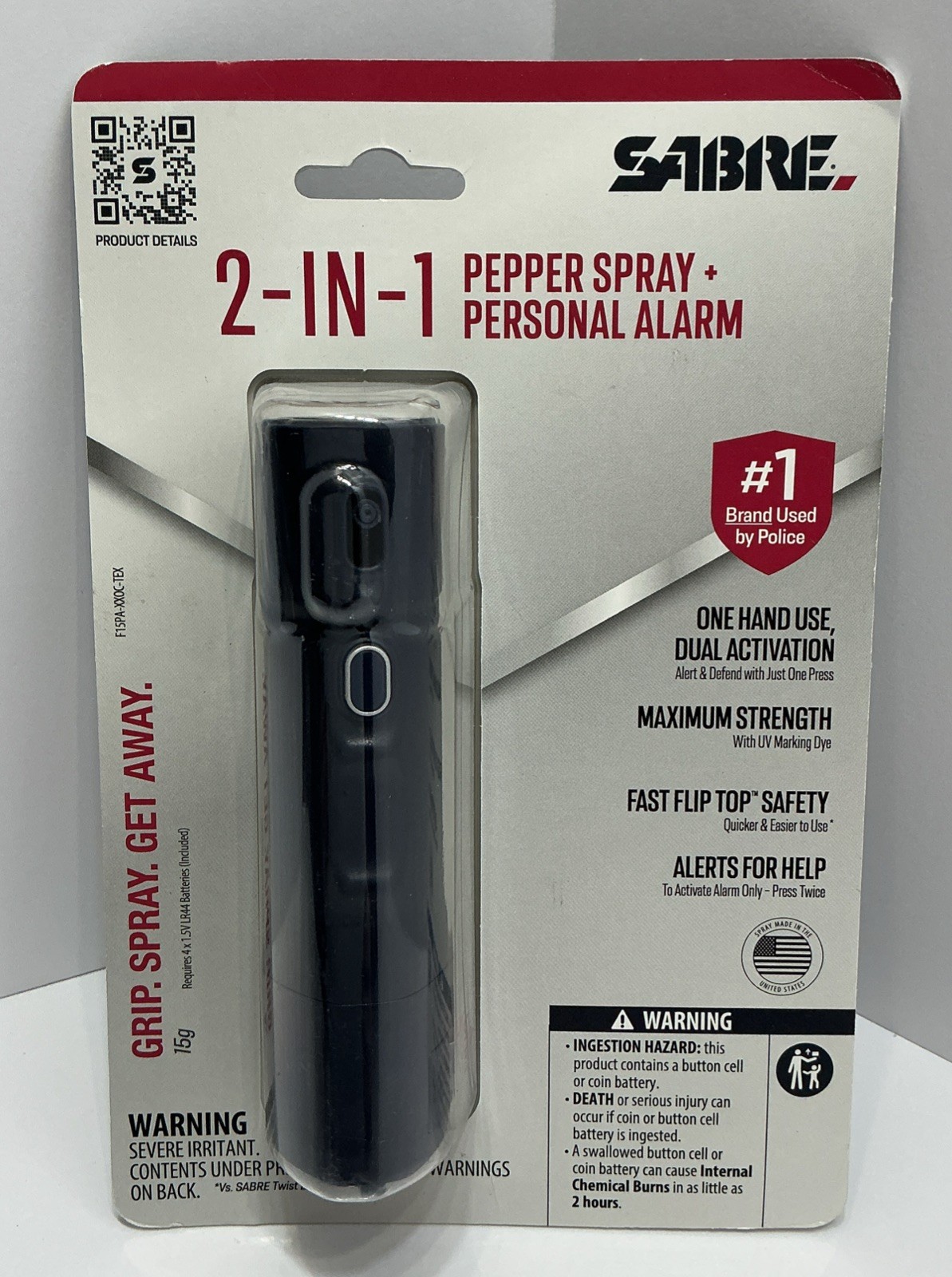 Sabre 2-in-1 Pepper Spray Flip Top 15g Navy Blue UV Dye wBuilt-in 130 DB Alarm