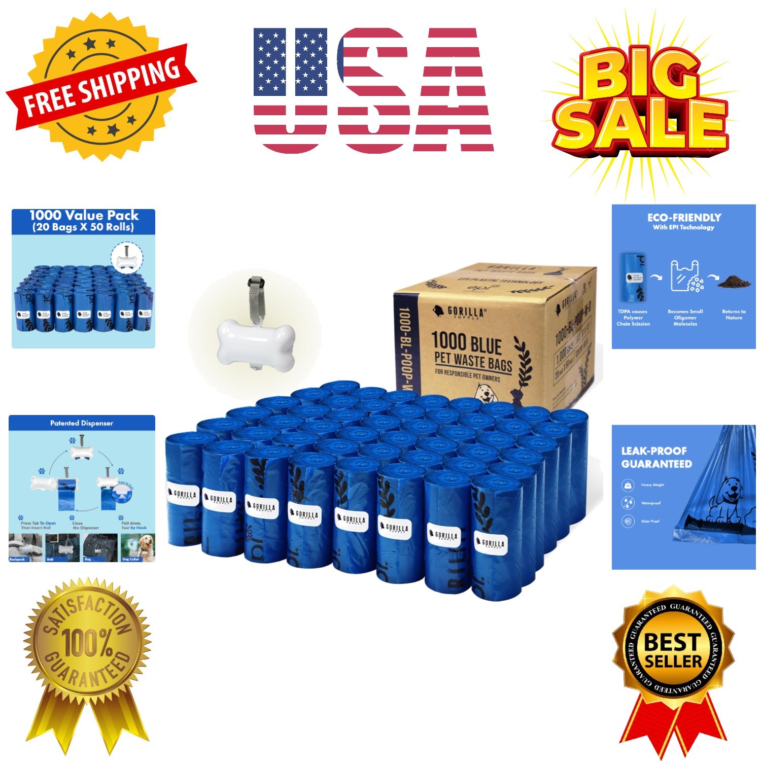 1000 Dog Poop Waste Bags with Dispenser and Leash Tie, 9" x 13", Blue, 1000 C...