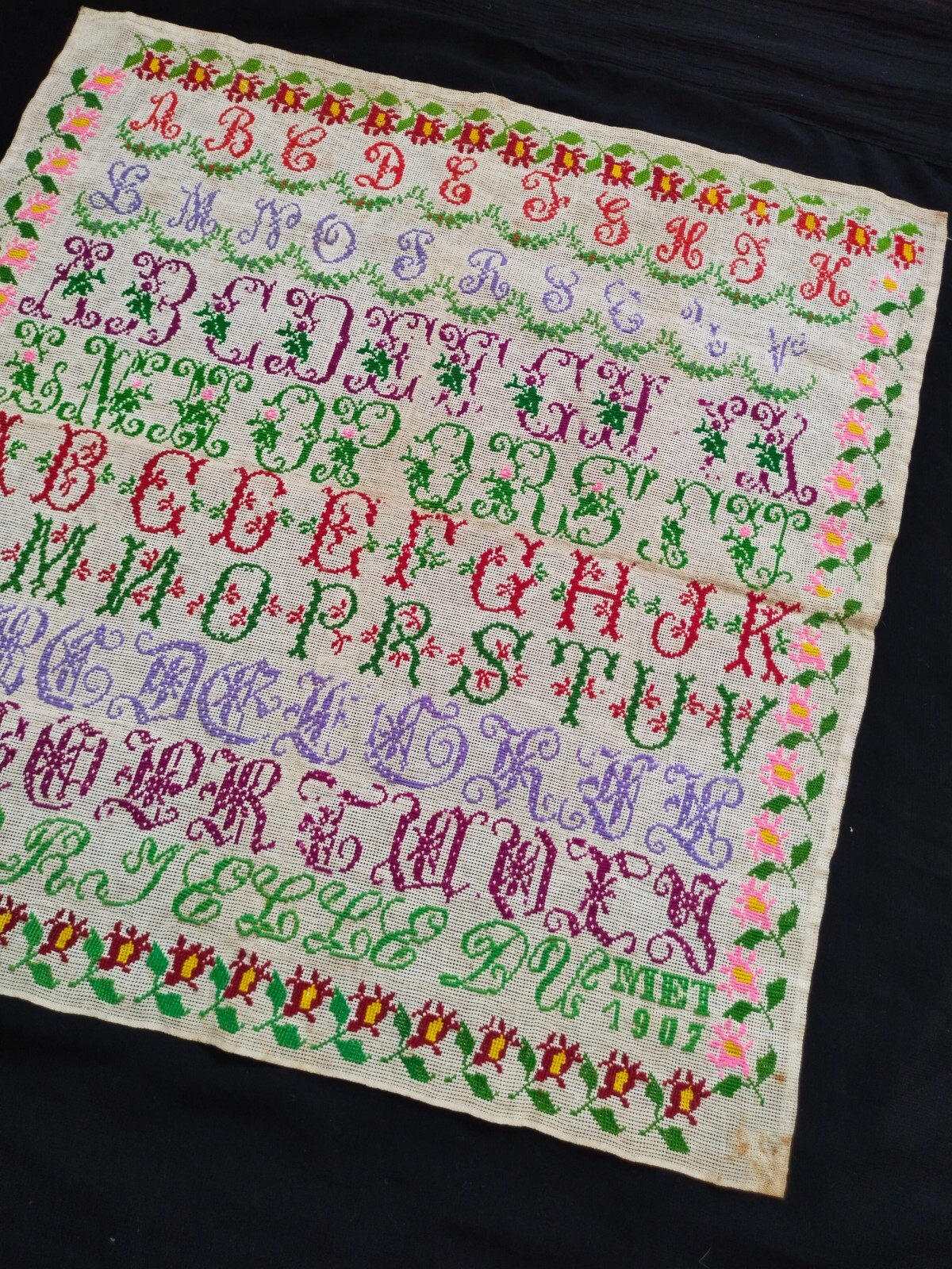 vintage fantastic alphabets sampler embroidered needlepoint sampler it1290