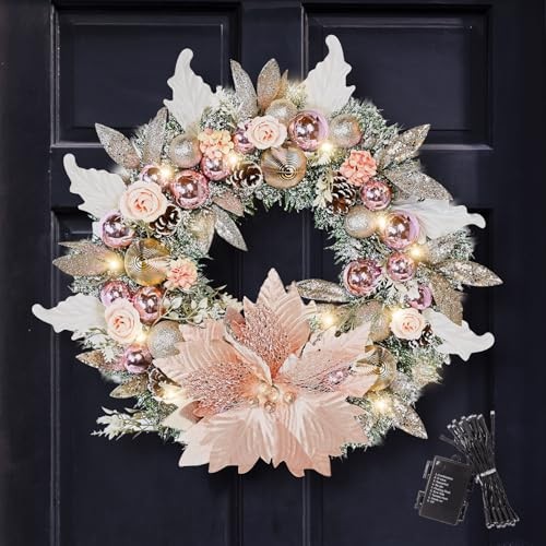 24" Christmas Wreath for Front Door with Poinsettia, Pink Christmas Door 