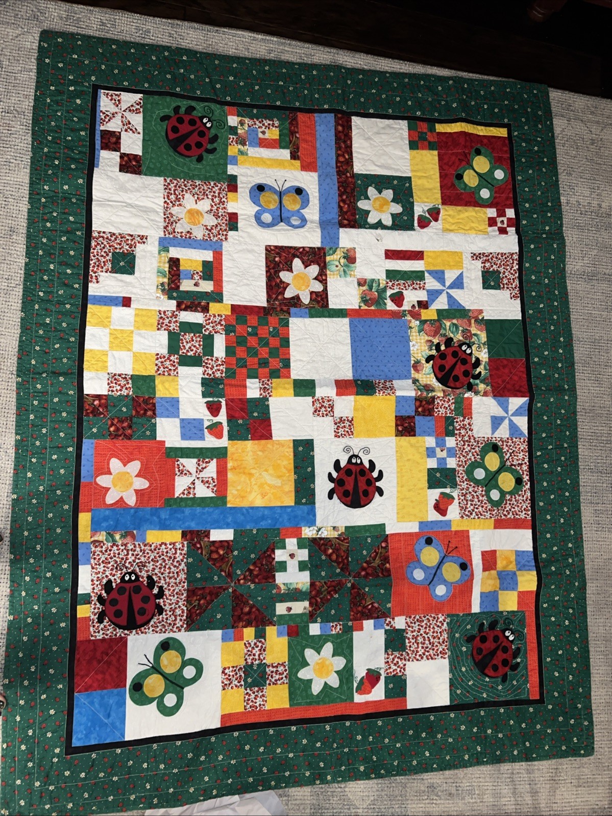 Vintage Handmade Ladybug And Butterfly Quilt 49”x64”