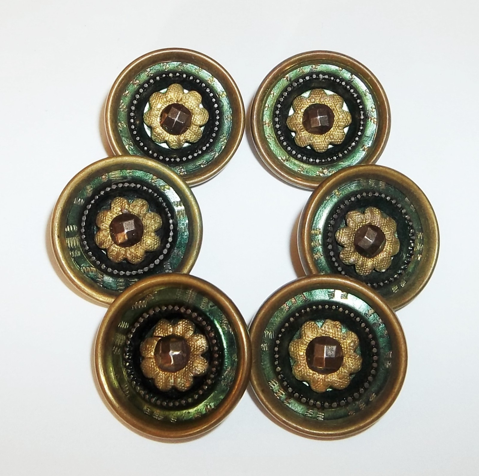 6 Antique Brass Paris 1882 Flower French Buttons