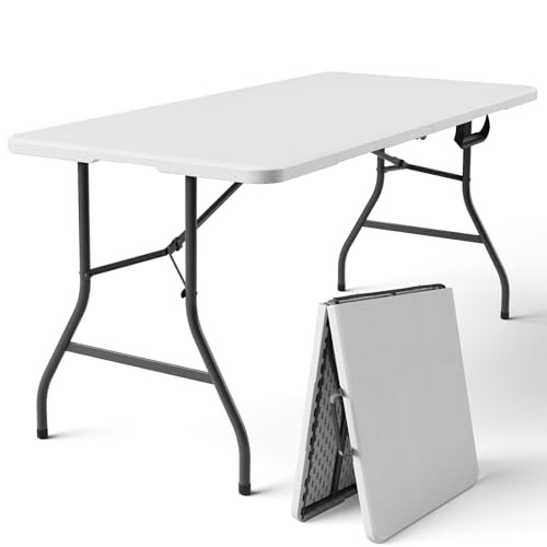 Folding Table Foldable Picnic Table with Carrying Handle, Heavy Duty 5FT White