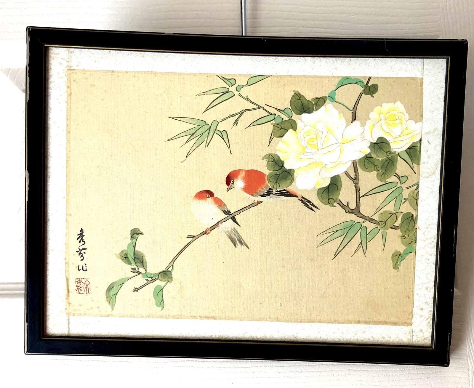 Vintage 12"x9" Japanese Art Orange Robins Birds on Branch Painted Silk Framed