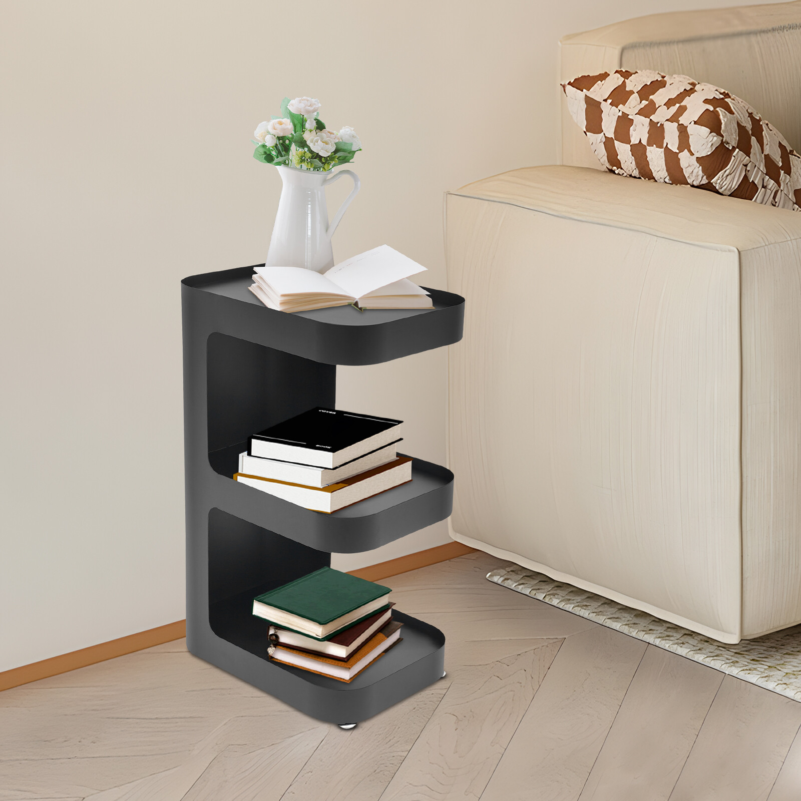 E-Shape Black Iron Side Table, Slim Design for Small Spaces